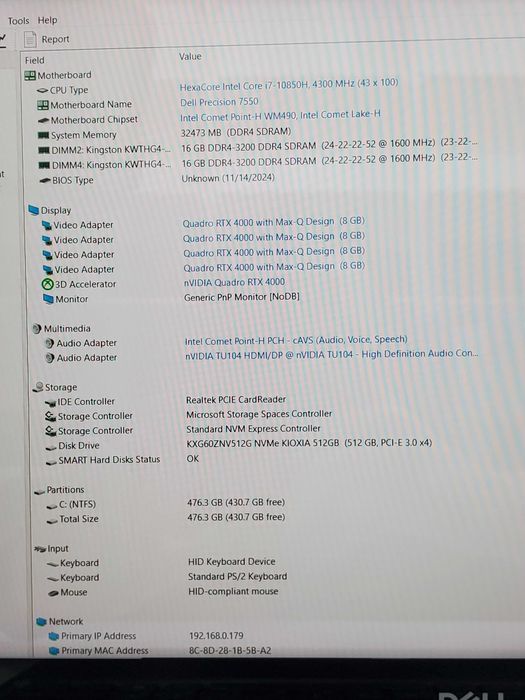 Dell Precision 7550 15,6"/i7-10850H/512Gb/32RAM/RTX 4000 8Gb/FHD touch
