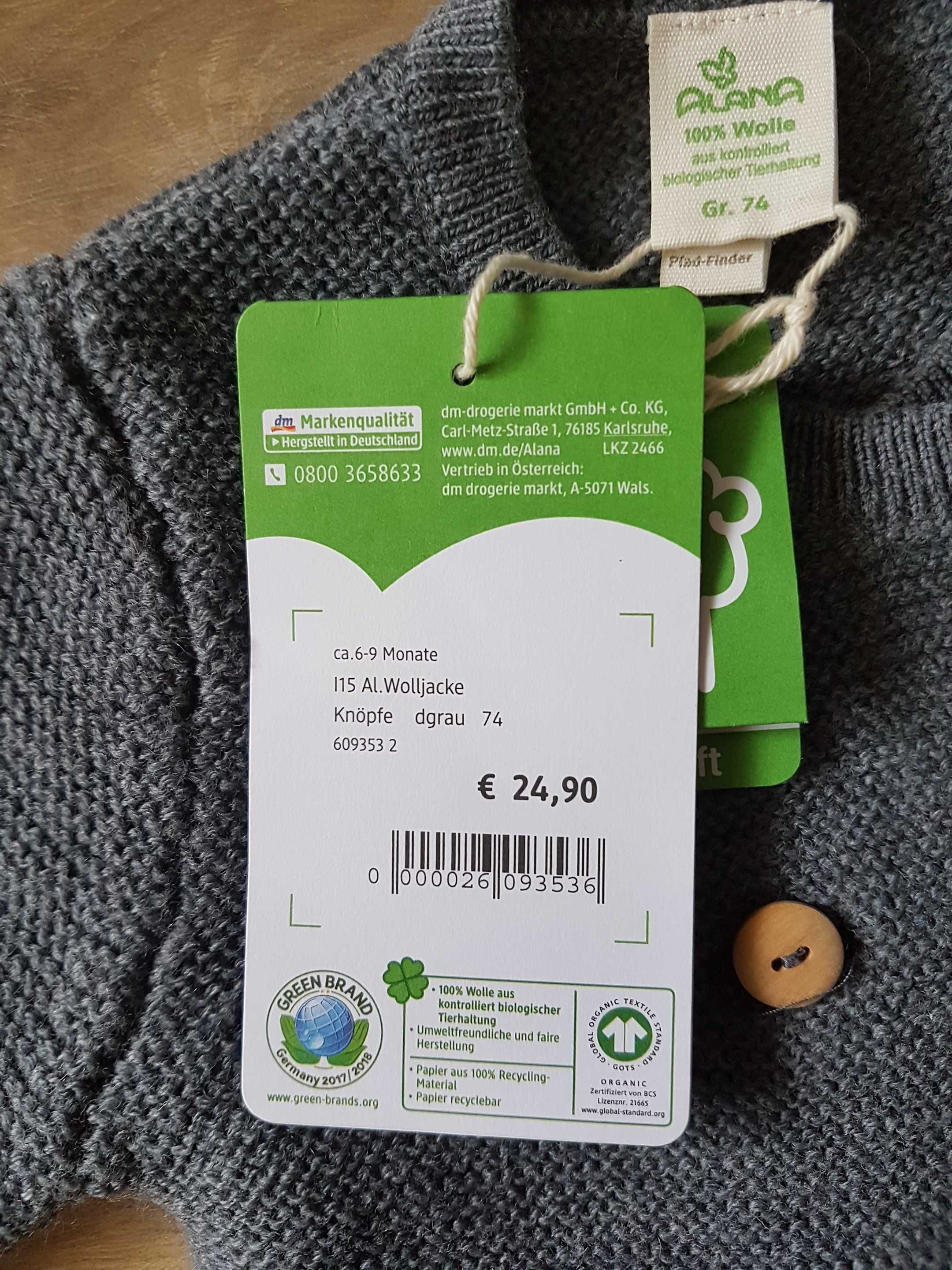 Nowy wełniany sweter ALANA dm 100% certyfikowana wełna organiczna r.74