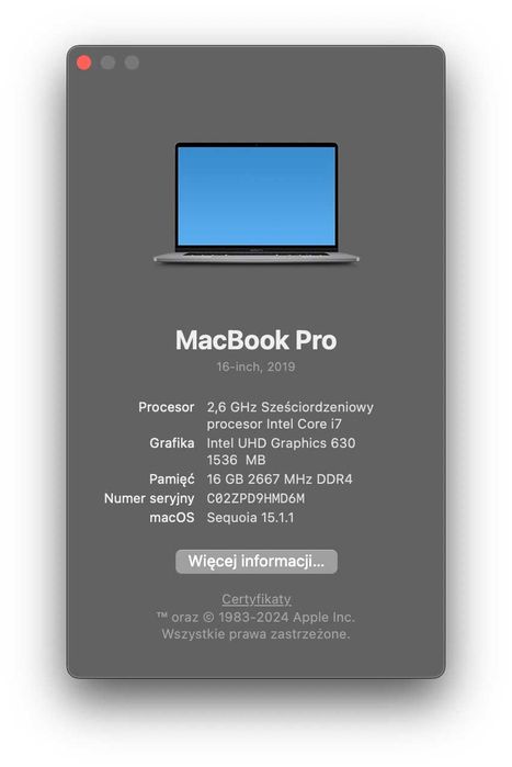 Mac Book Pro 16'' Space Gray i7 / 16 GB RAM / 512 GB / Stan B. Dobry
