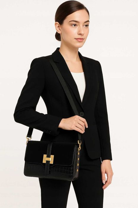 Torebka Damska Listonoszka Na Ramię Czarna Skóra Ekologiczna Zamsz