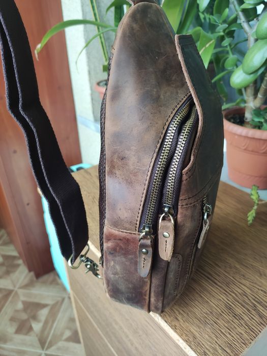 Кожаная мужская Сумка - Слинг. Dark Brown.
