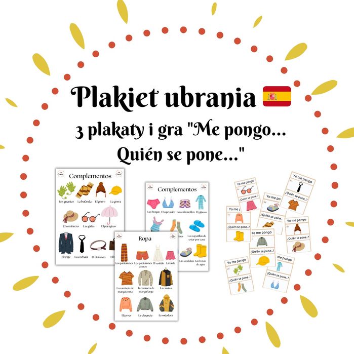 Pakiet ubrania po hiszpańsku- 3 plakaty i gra Me pongo..Quién se pone.