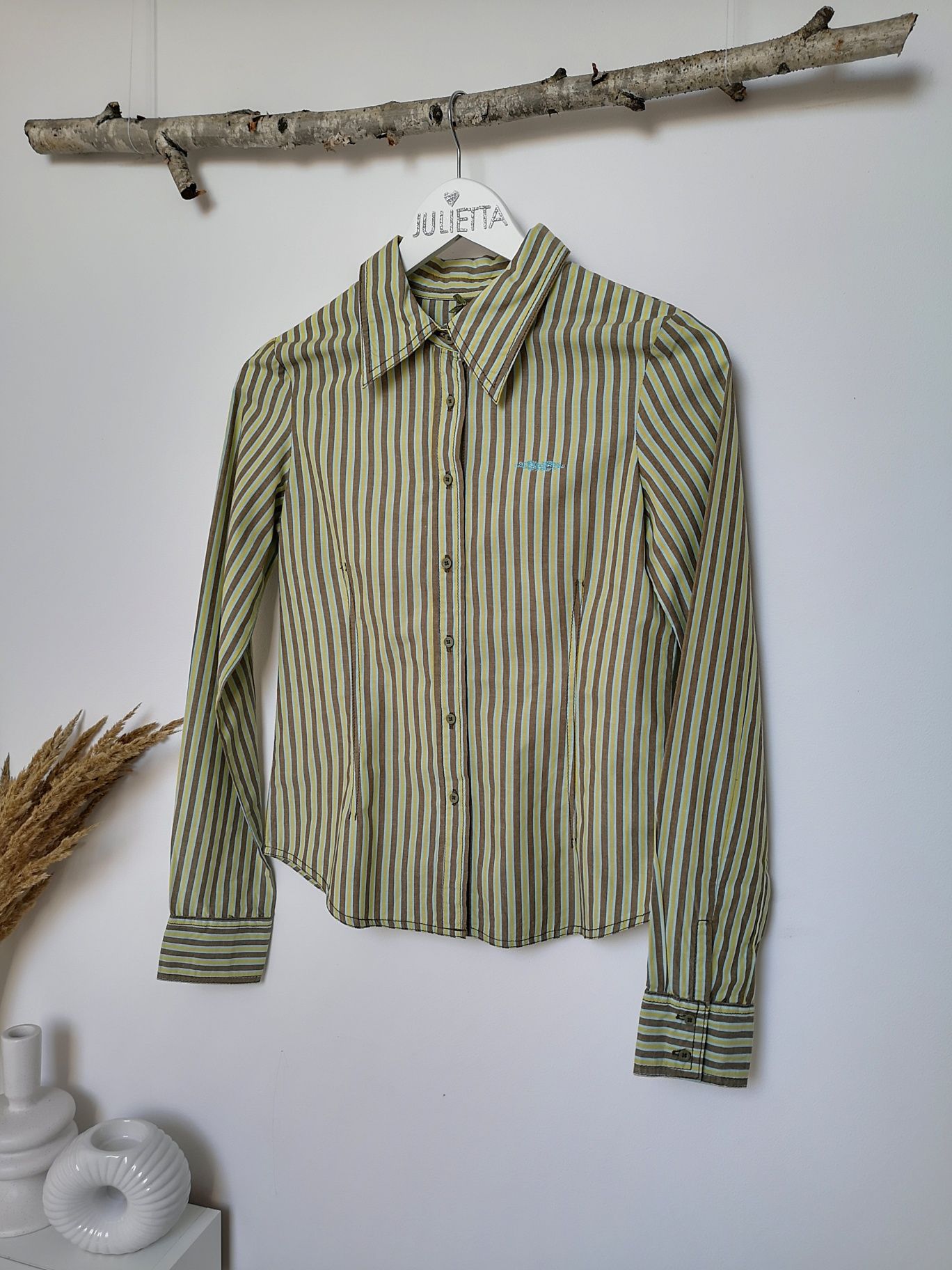 Koszula - Rozmiar S/36 - Zielona - Paski - Bawełna