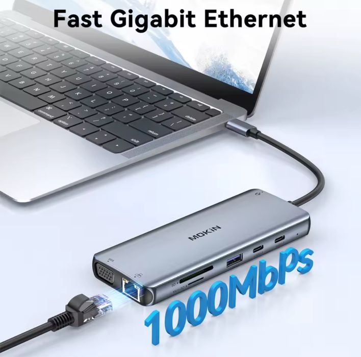 USB-C хаб 12-в-1 MOKiN | HDMI 4K, DP, VGA, LAN, USB 3.0, зарядка 100W