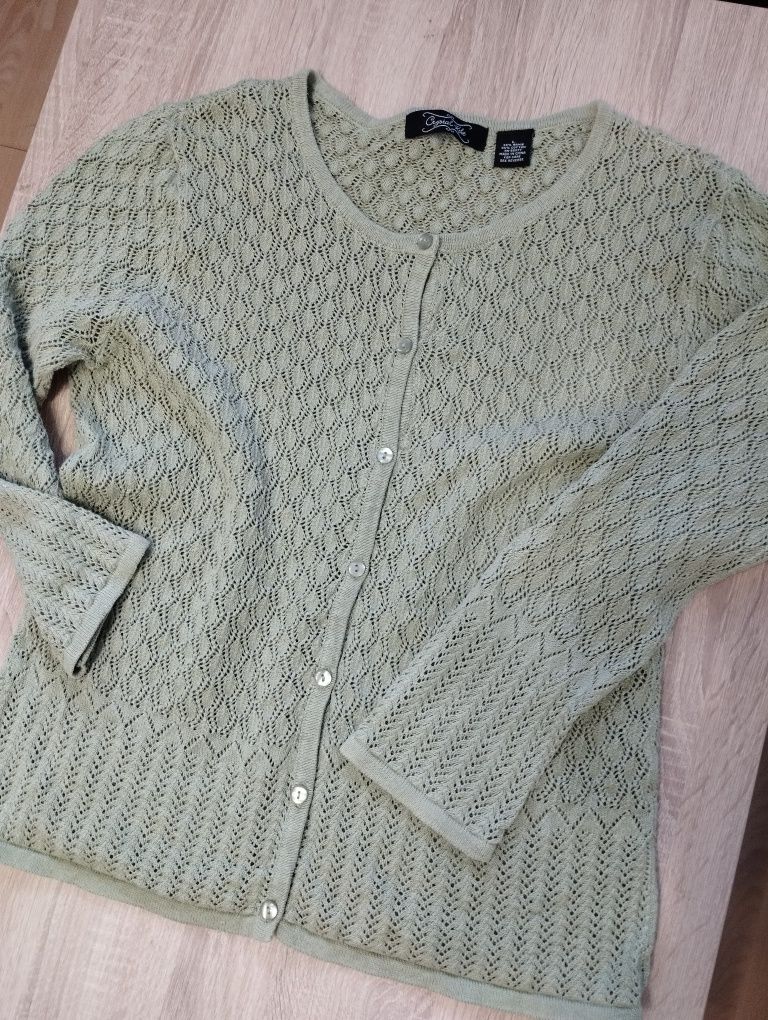 Ażurowy oliwkowy sweter L boho folk etno  Crystal Kobe