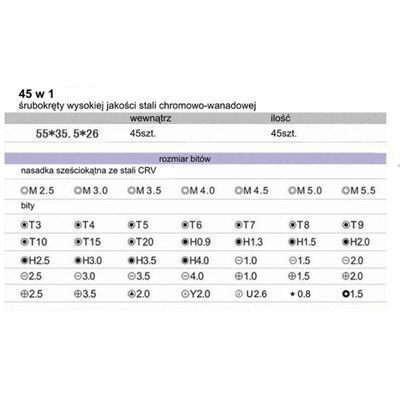 Narzędzia Serwisowe 45 Elementów Bity Wkrętak