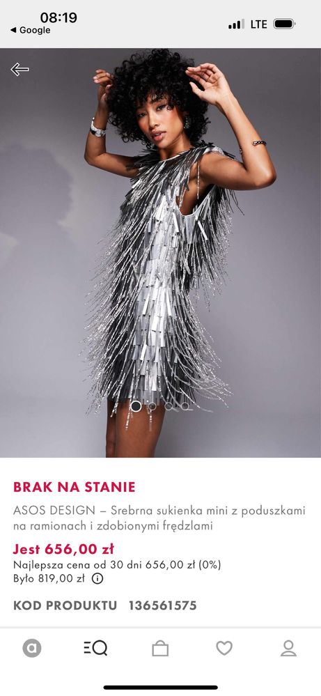 Sukienka mini srebrna z frędzlami ASOS  38 cekiny wesele impreza