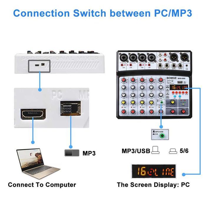 Mesa de mistura de audio com 6 canais