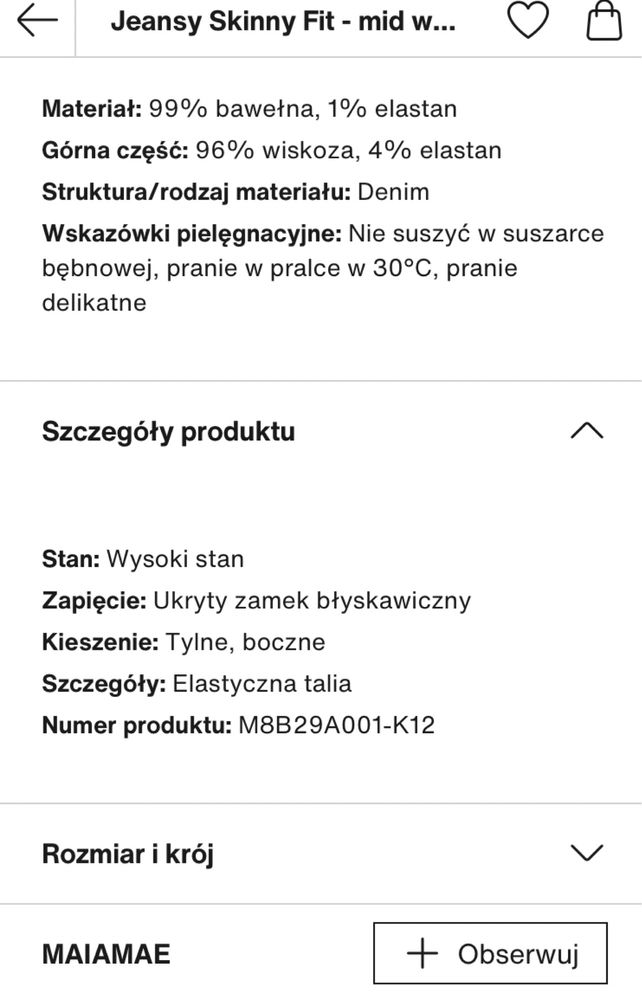 Jeansy ciążowe Maimae Skinny Fit r.40