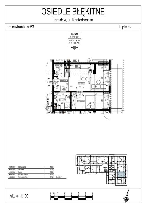 Mieszkanie 47,45 m2 oś. Błękitne blok B M53 stan deweloperski