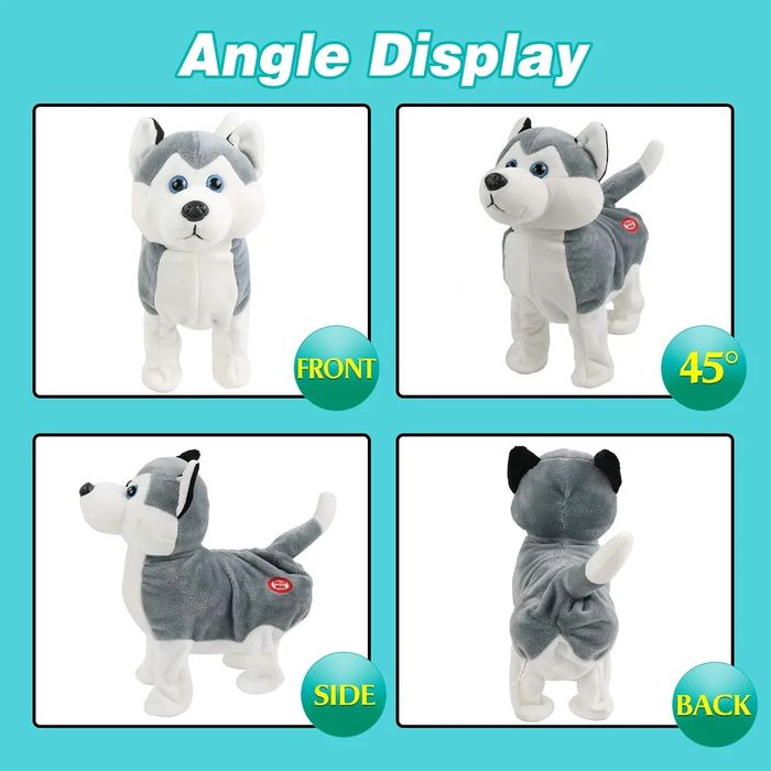 Boneco Husky 25cm vai dançando enquanto roda a cabeça e abana o rabo.