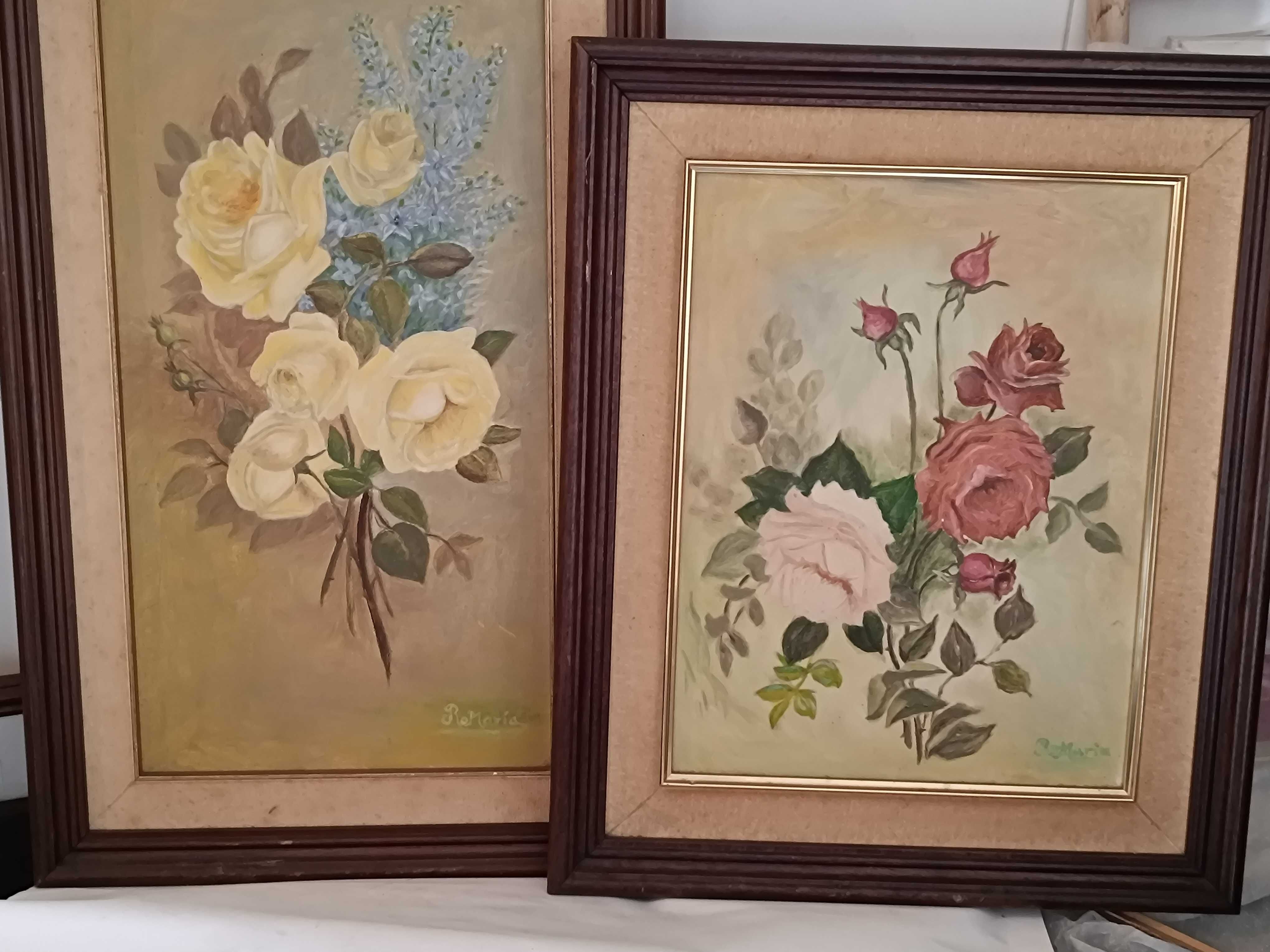 2 Quadros antigos de flores, pintados à mão