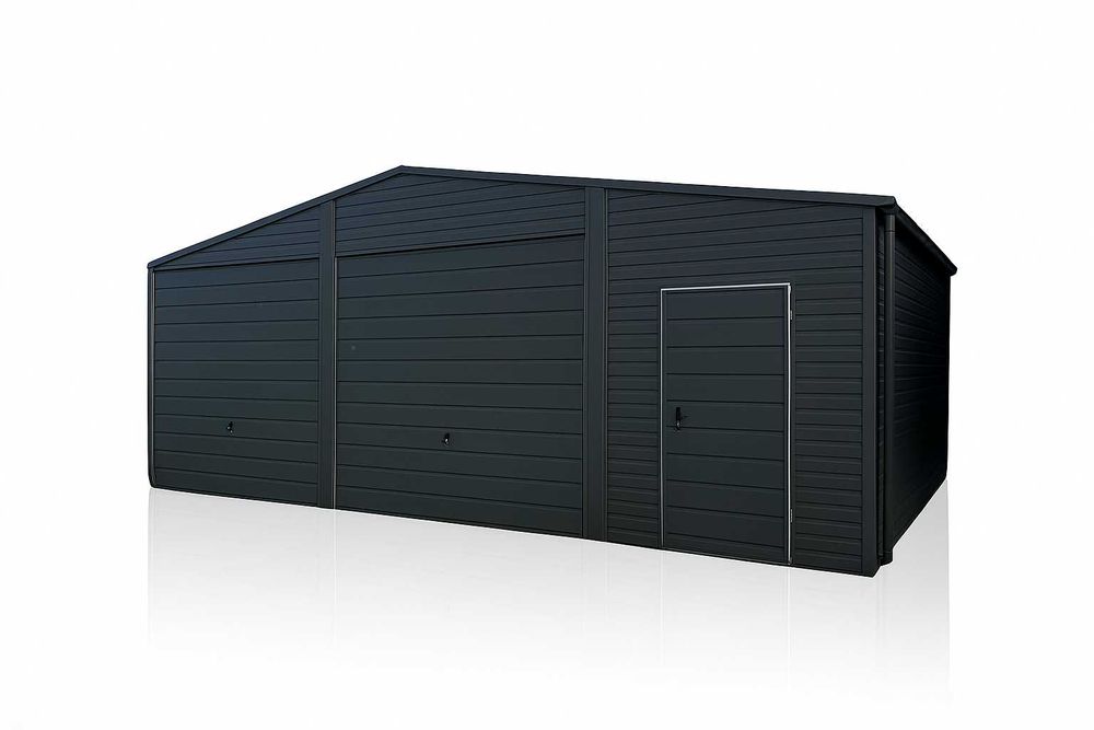 Garaż blaszany dwustanowiskowy 8x6 dwuspadowy, Bramy uchylne, Grafit