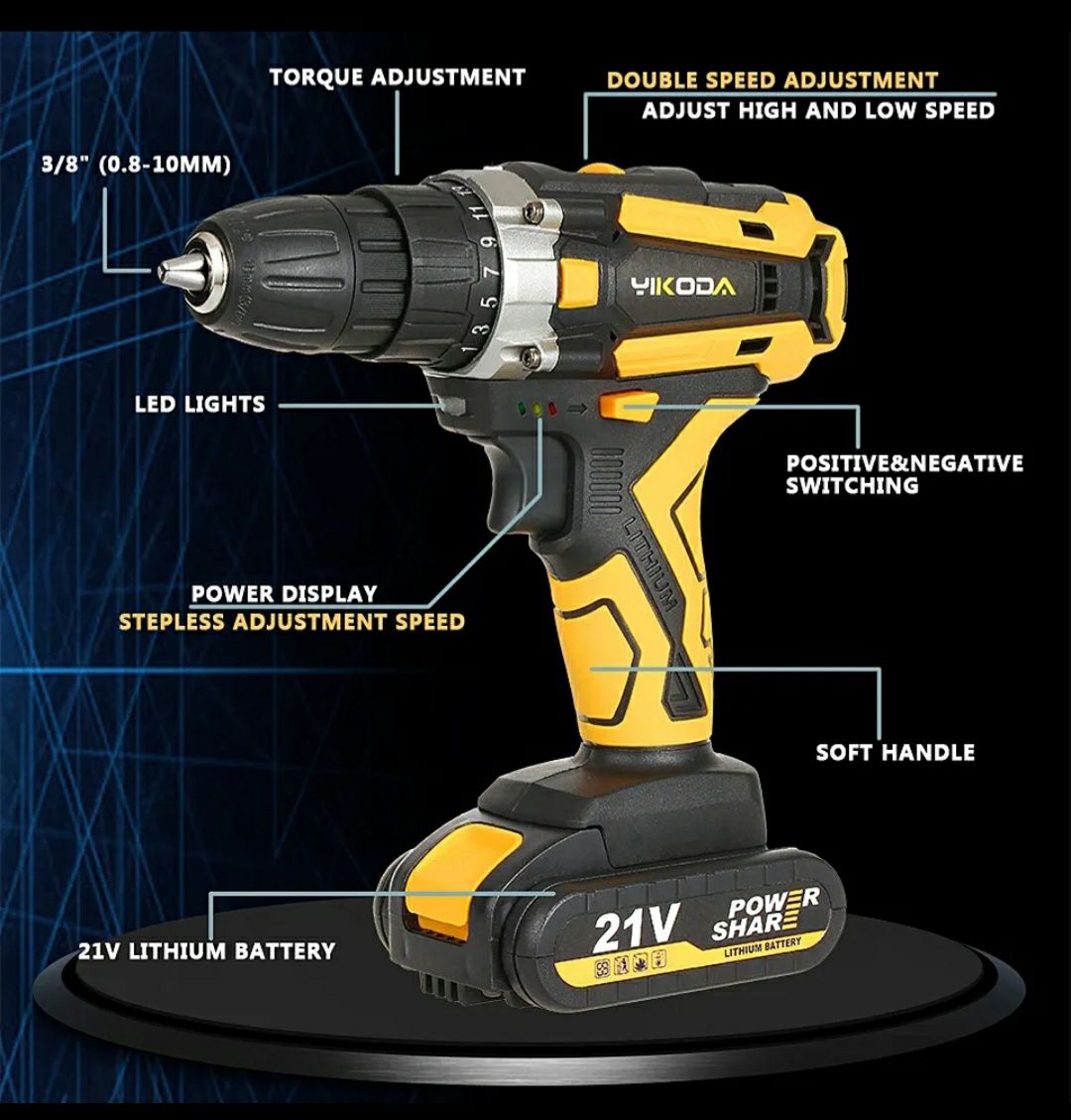 Акумуляторний дрель/ шуруповерт 21 В YIKODA