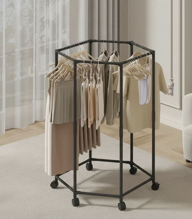 Підлогова вішалка для одягу з поворотним механізмом на 360° і колесами