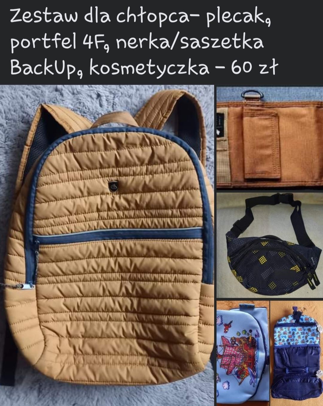 Chłopięcy plecak, portfel 4F, kosmetyczka, nerka BackUp