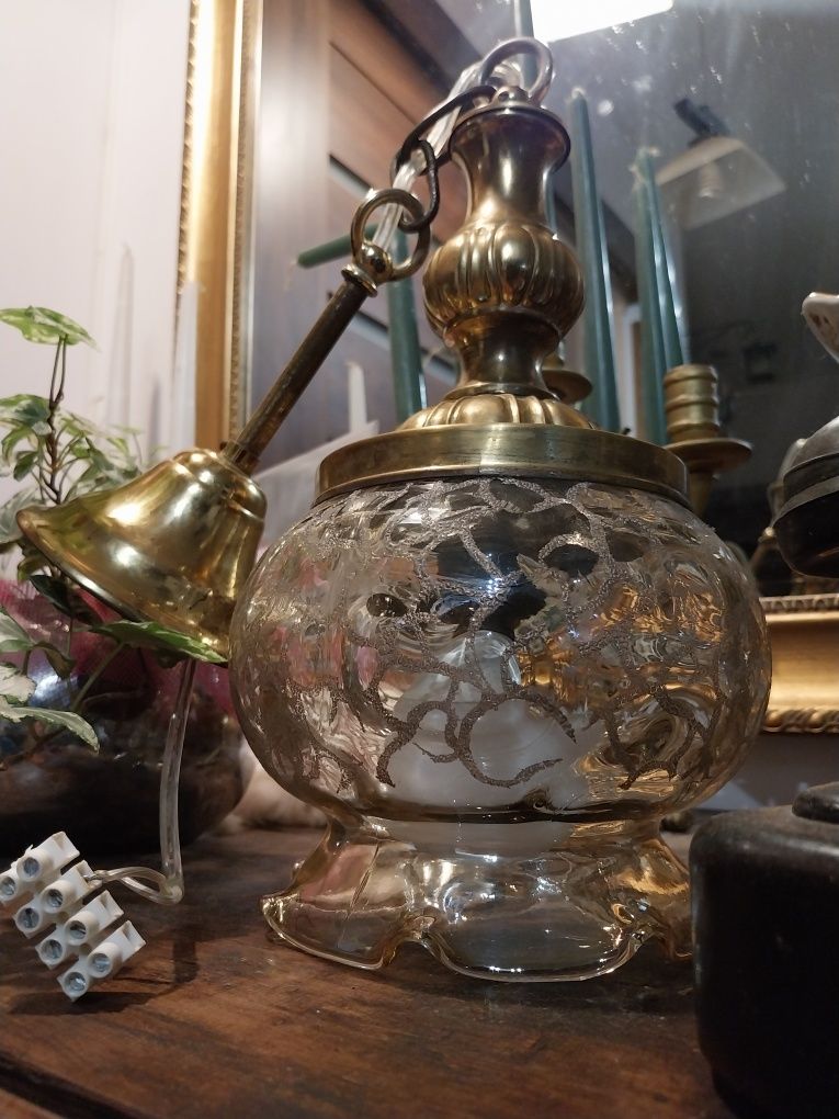 Antyk stara lampa na prąd mosiądz 130lat  szklany klosz  retro vintage