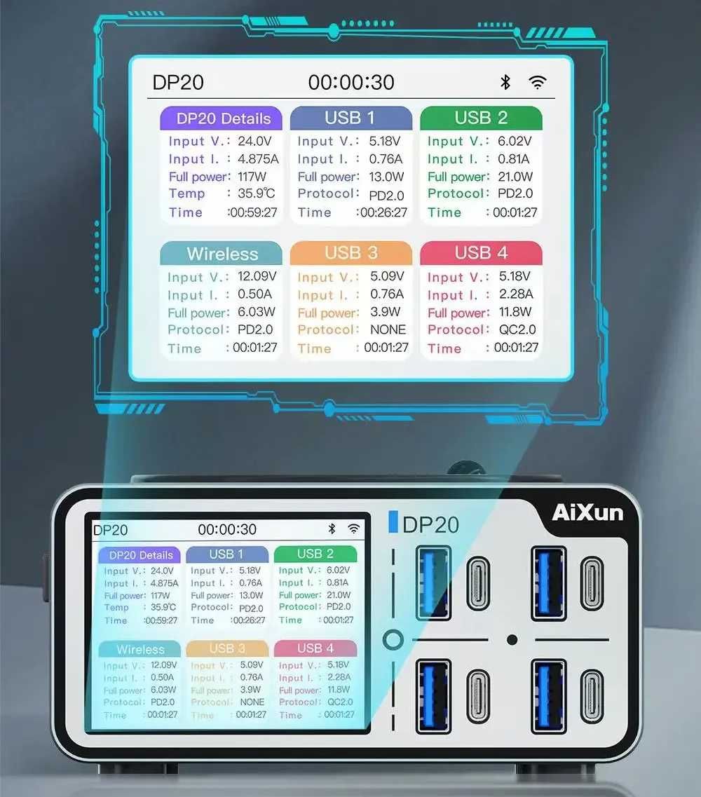 Розумний зарядний пристрій AiXun DP20 200W з безпровідною зарядкою