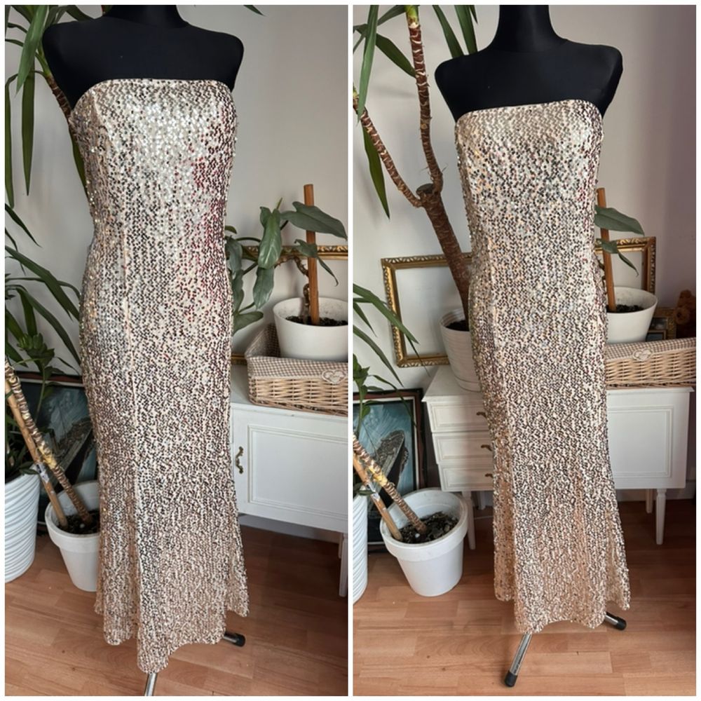 Złota cekinowa sukienka maxi 48 4 xl 50 5 xl syrenka zdobiona