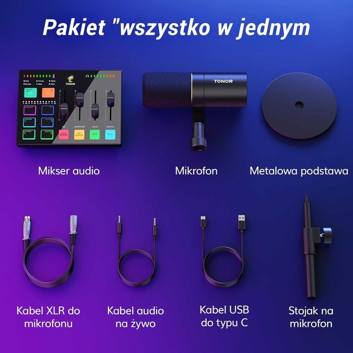 Mikrofon Dynamiczny Xlr Mikser Interfejs Audio Tonor Rgb Streaming