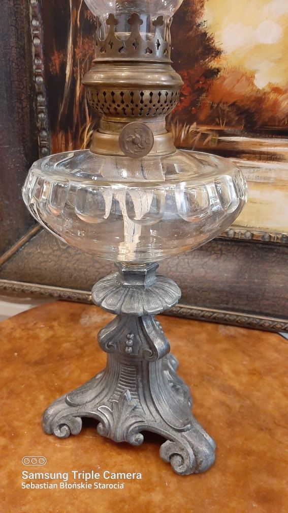 Piękna stara lampa naftowa ornamentowa podstawa vintage sprawna
