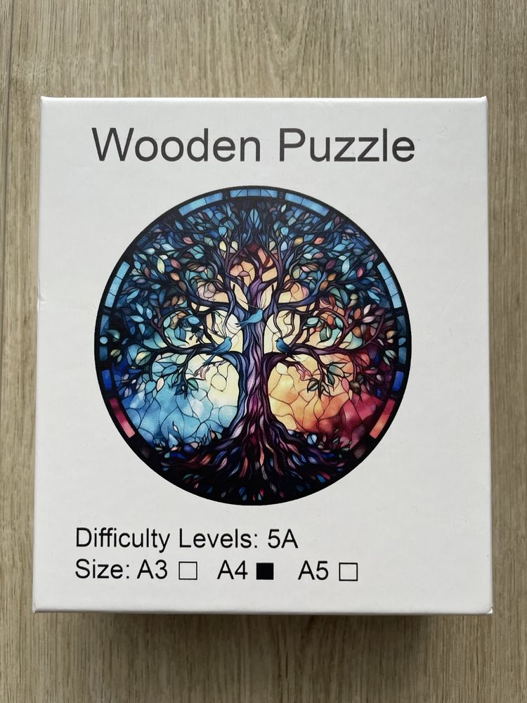 Drewniane puzzle drzewo i ptaki  - rozmiar A4