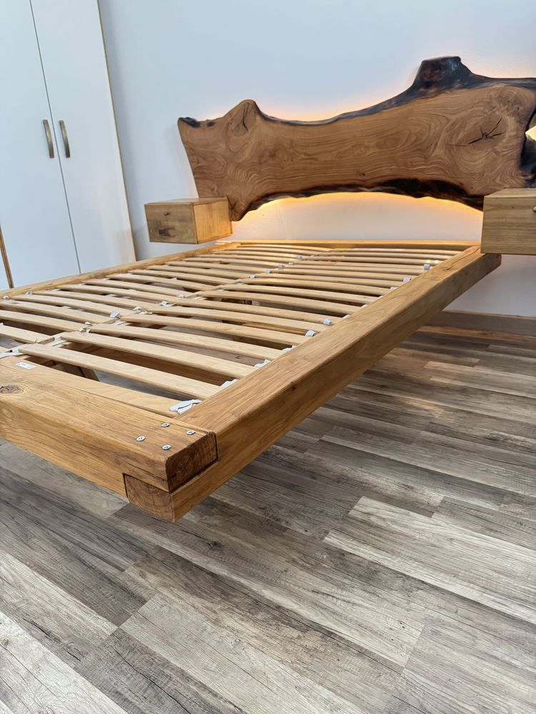 Cama Flutuante de Madeira Maciça com Cabeceira Orgânica – Artesanal