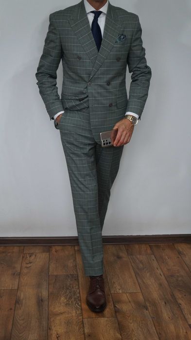 Garnitur Dwurzędowy Dan John (Antichi) Roz. 48 Zielony Krata Slim Fit