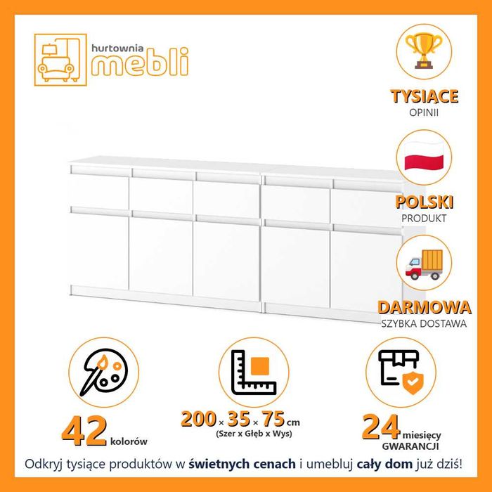 Komoda Best Oleksa 200cm Nowoczesna Szafka 5 Szuflad Biała Młodzieżowa
