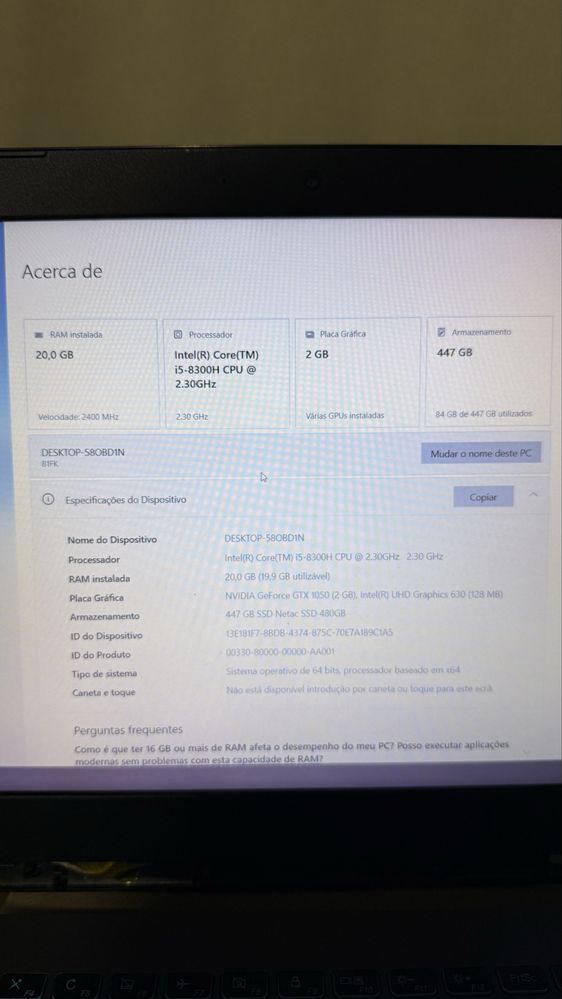 Portatil Gaming Lenovo i5 8300h 4.0ghz 20GB Ram Ddr4 GTX 1050 SSD 480