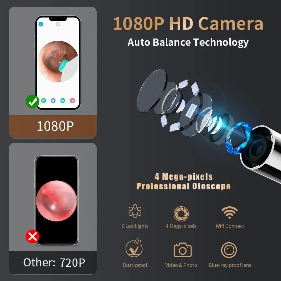 Розумна вушна палочка EAP otoscope, смарт отоскоп, бороскоп з камерою