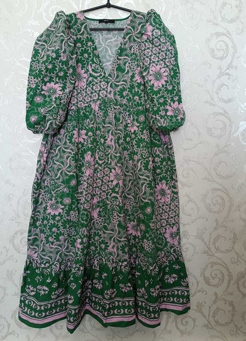 євро 46 / 50-52-54 довга сукня зелена в рожевих квітах бавовна платье