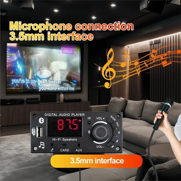 Bluetooth 5.0 декодер с усилителем 2*50W. DC 5-25V, mp3, fm, aux,usb