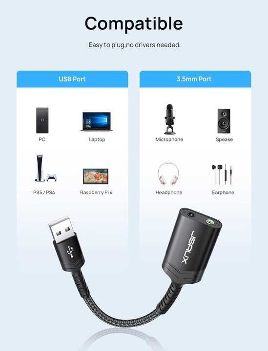 Zewnętrzna Karta Dźwiękowa Stereo JSAUX, Adapter Audio USB
