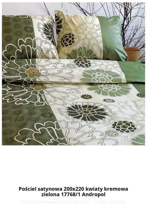 Satynowy komplet pościeli zielonej w kwiaty Andropol 200cmx220cm