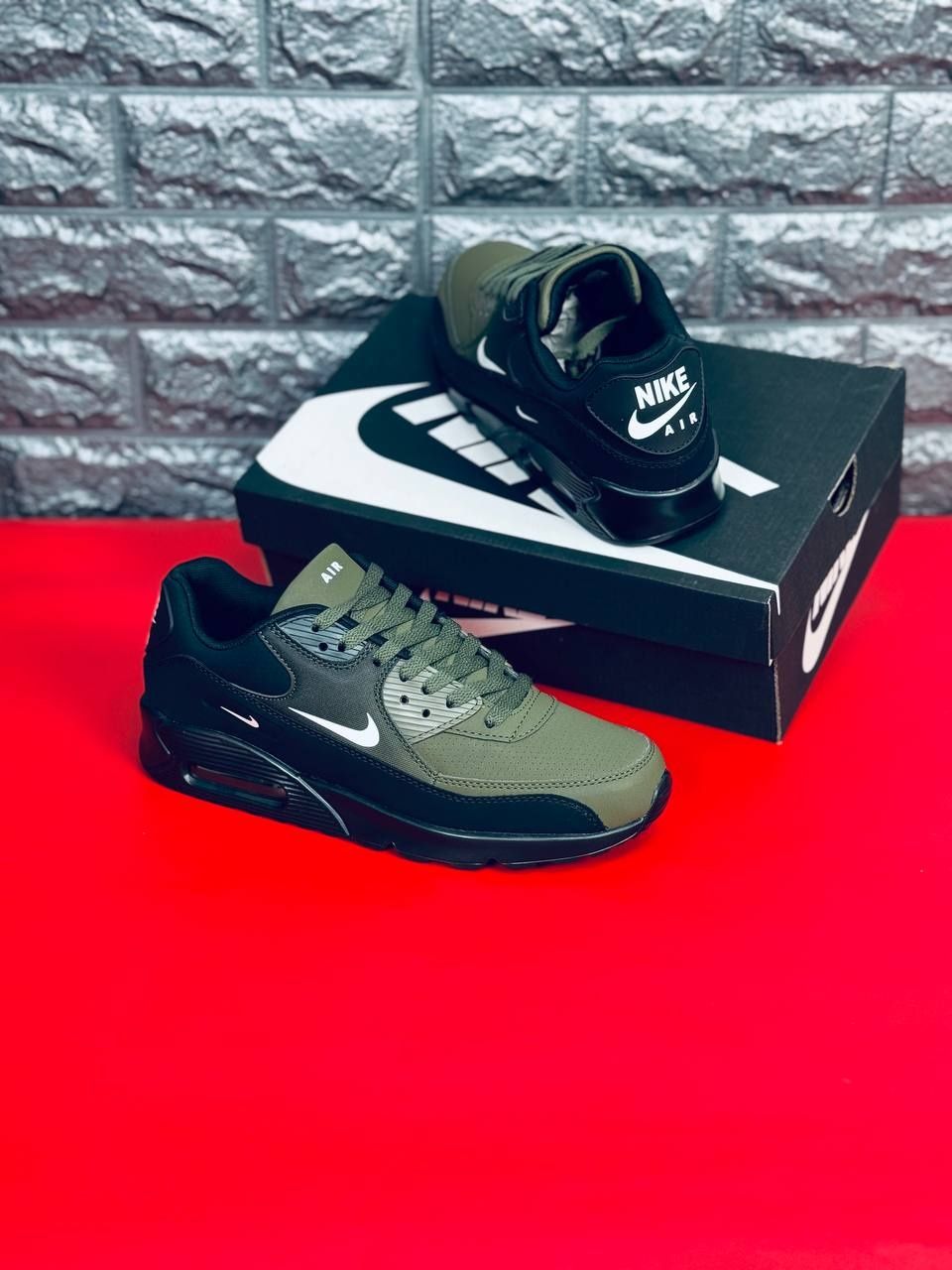 Мужские Кроссовки Nike Air Max 90 Зелёные Кожаные Кроссовки Найк