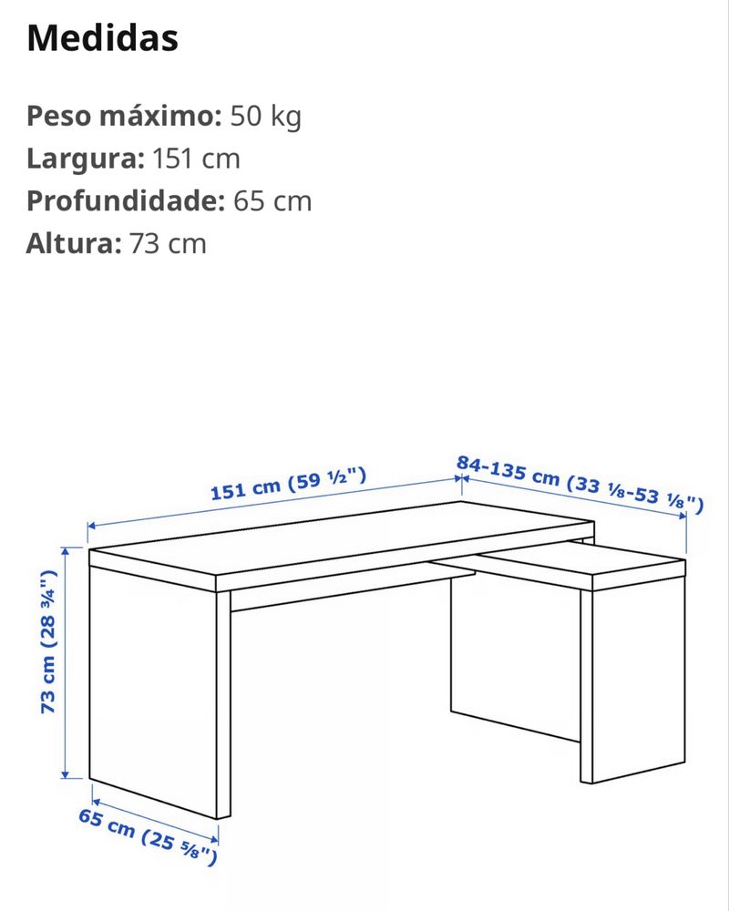 Secretária IKEA MALM grande, com mesa de apoio retrátil
