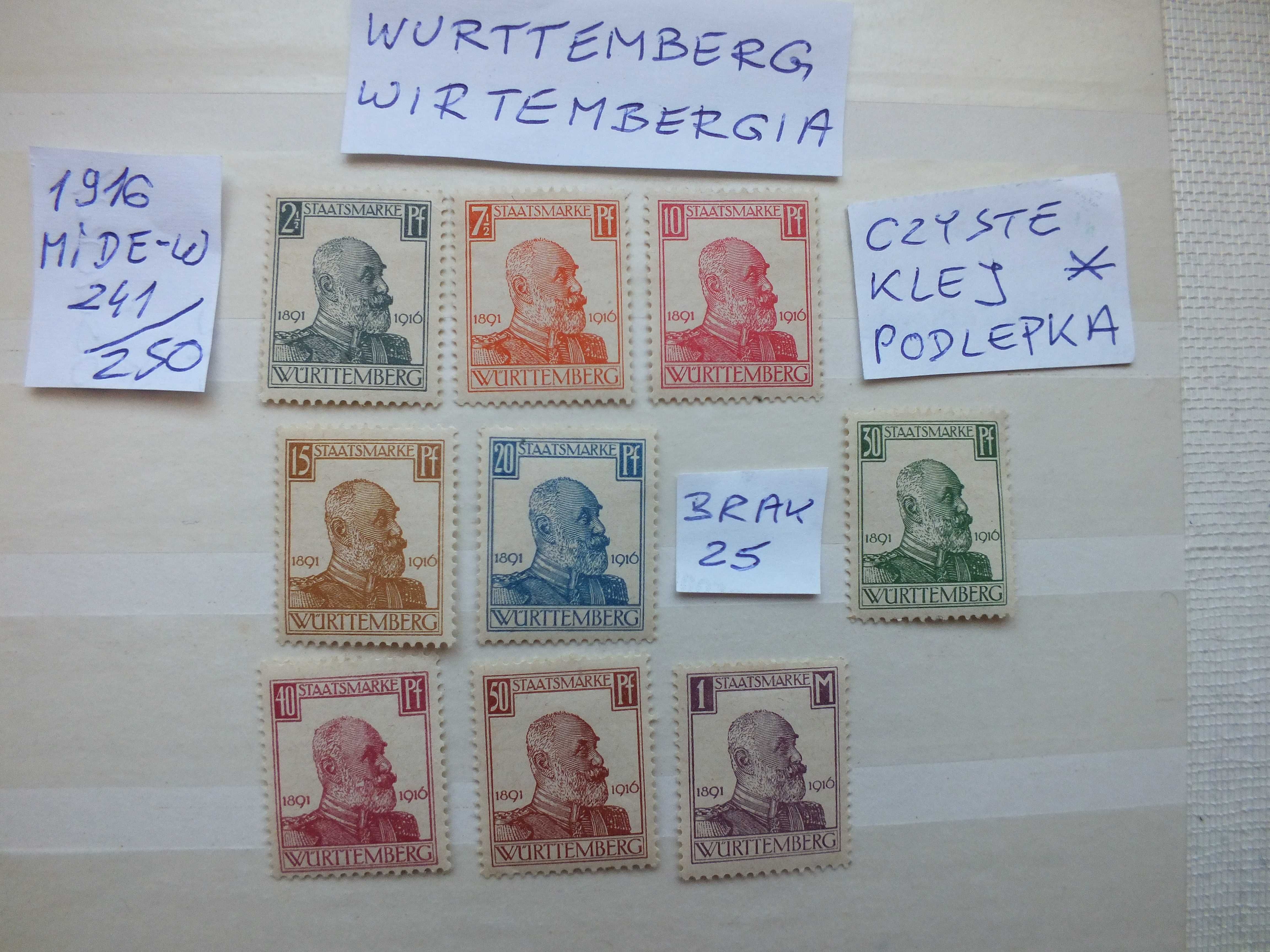 9szt. znaczki Mi241 WIRTEMBERGIA Niemcy 1916r. Wurttemberg czyste *