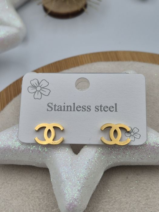 Kolczyki cc 9 mm złote wkrętki logo sztyfty stal chirurgiczna