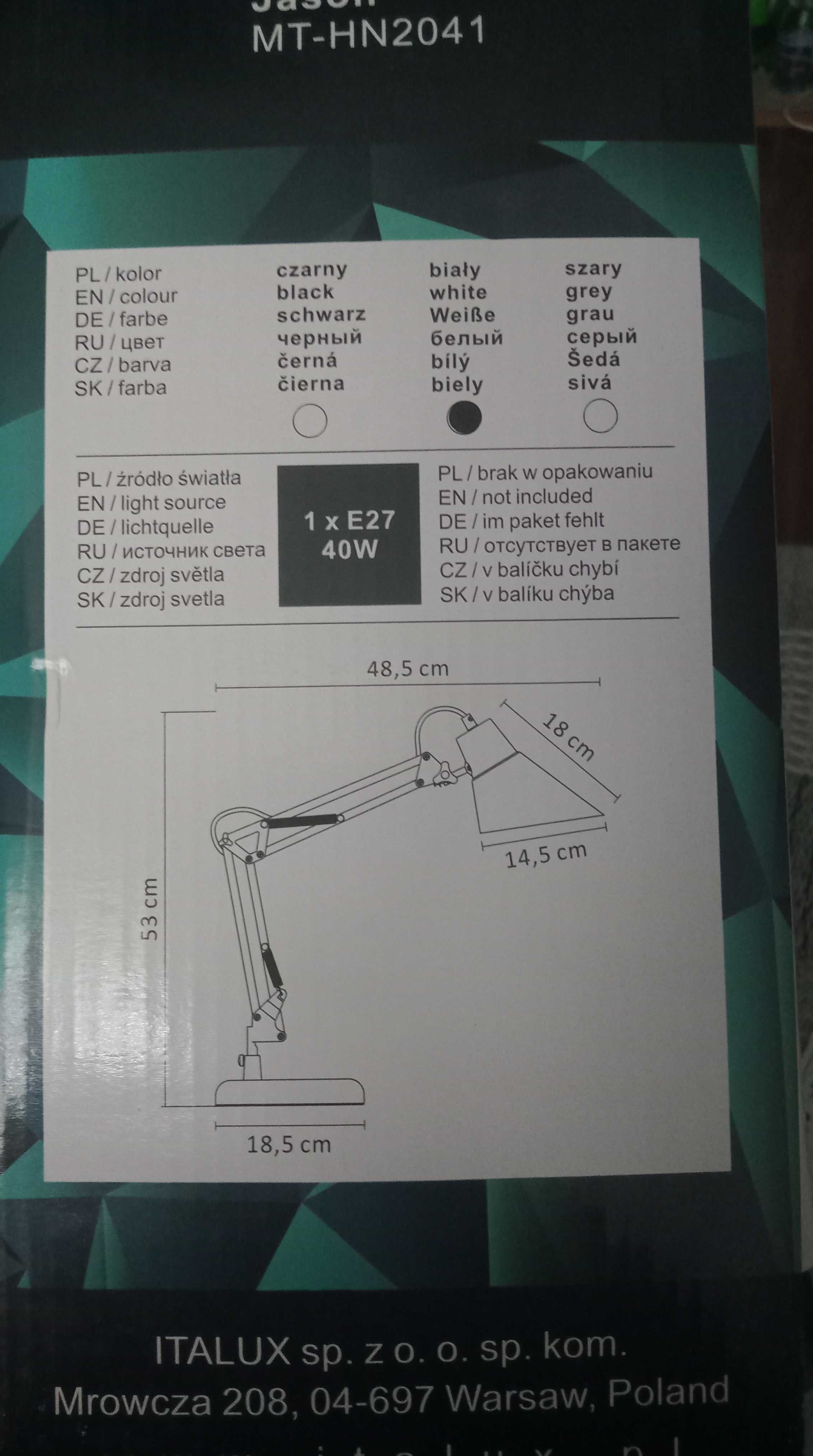 Nowa lampa biurkowa Italux Jason MT-NH2041 biala