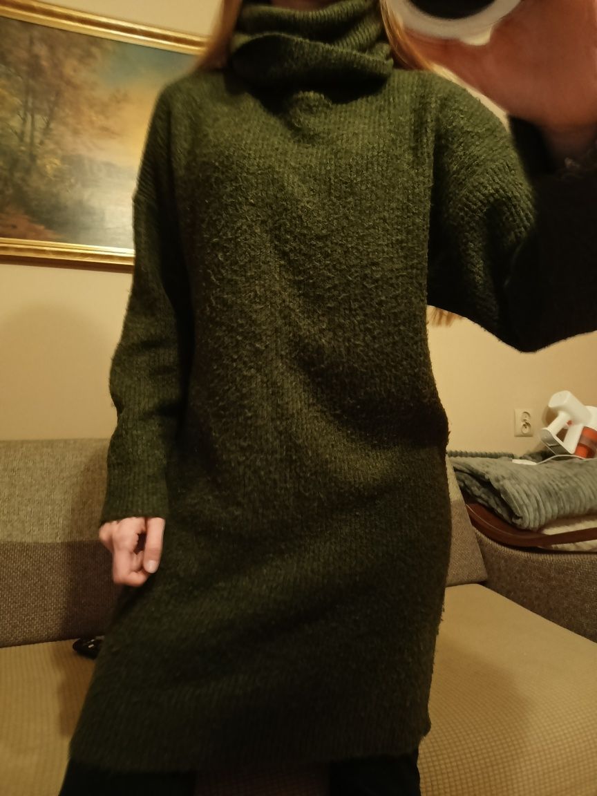 Khaki ciemno butelkowy sweter damski długi kardigan z paskiem M L