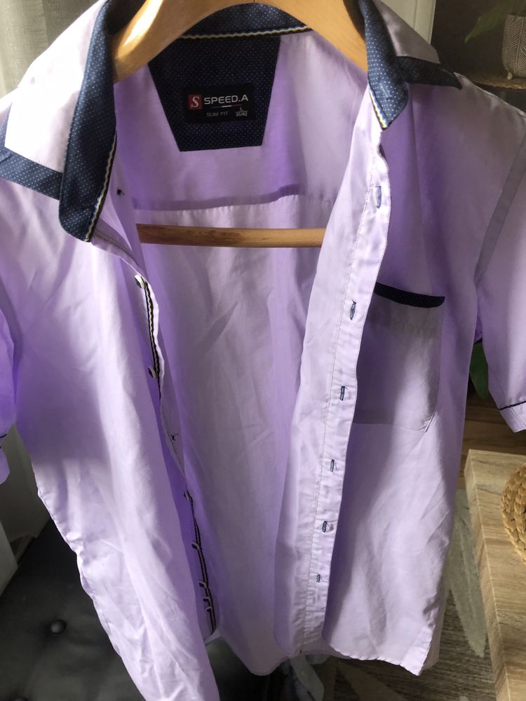 Koszula meska lila L slim fit krotki rekaw