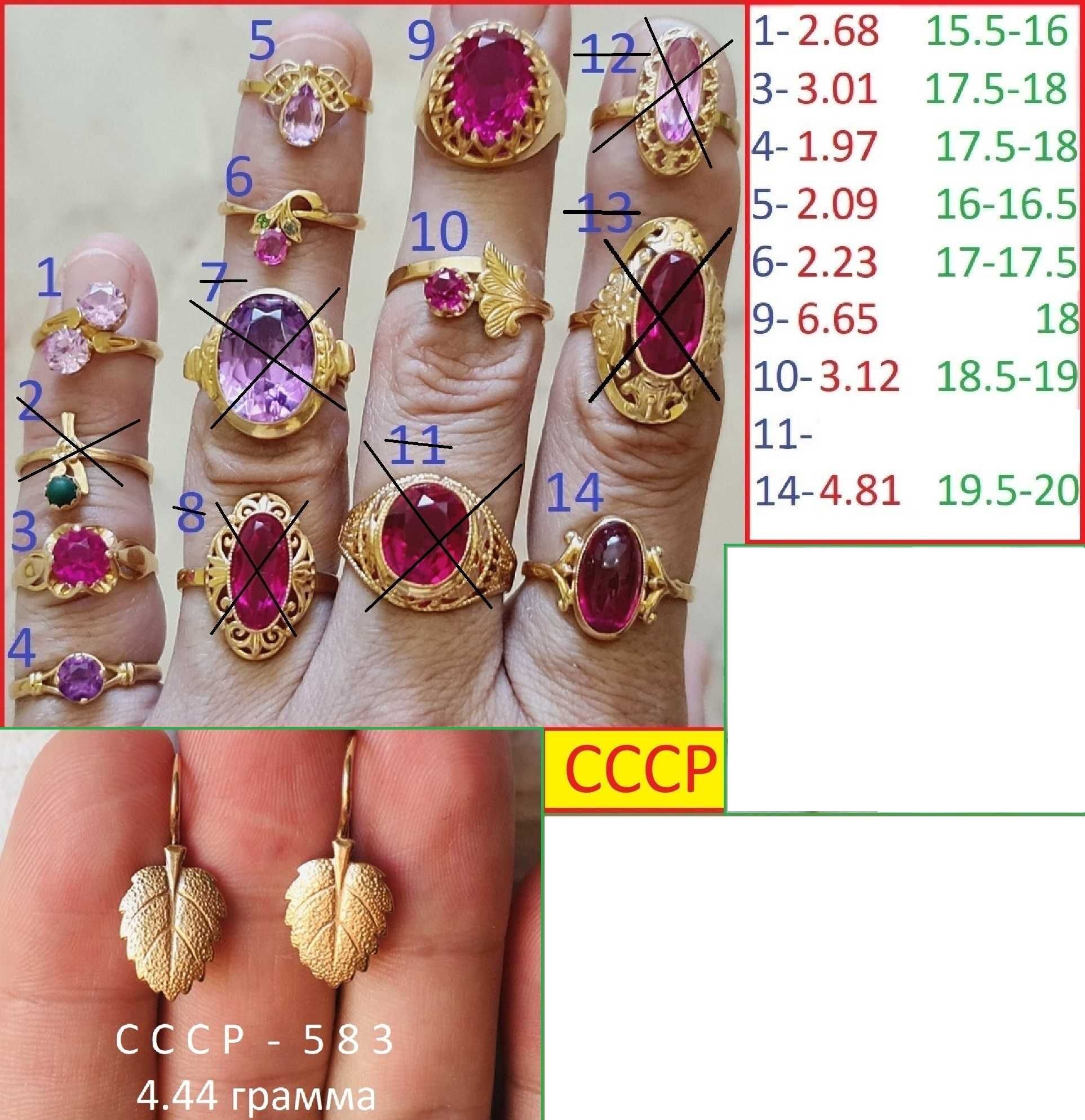 Советское Кольцо Серёжки Родом из СССР ! 583 проба ! 2299 за грамм !