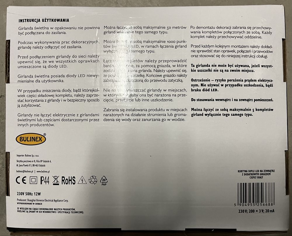 Kurtyna zewnętrzna sople 200 Led 9,6m Bulinex