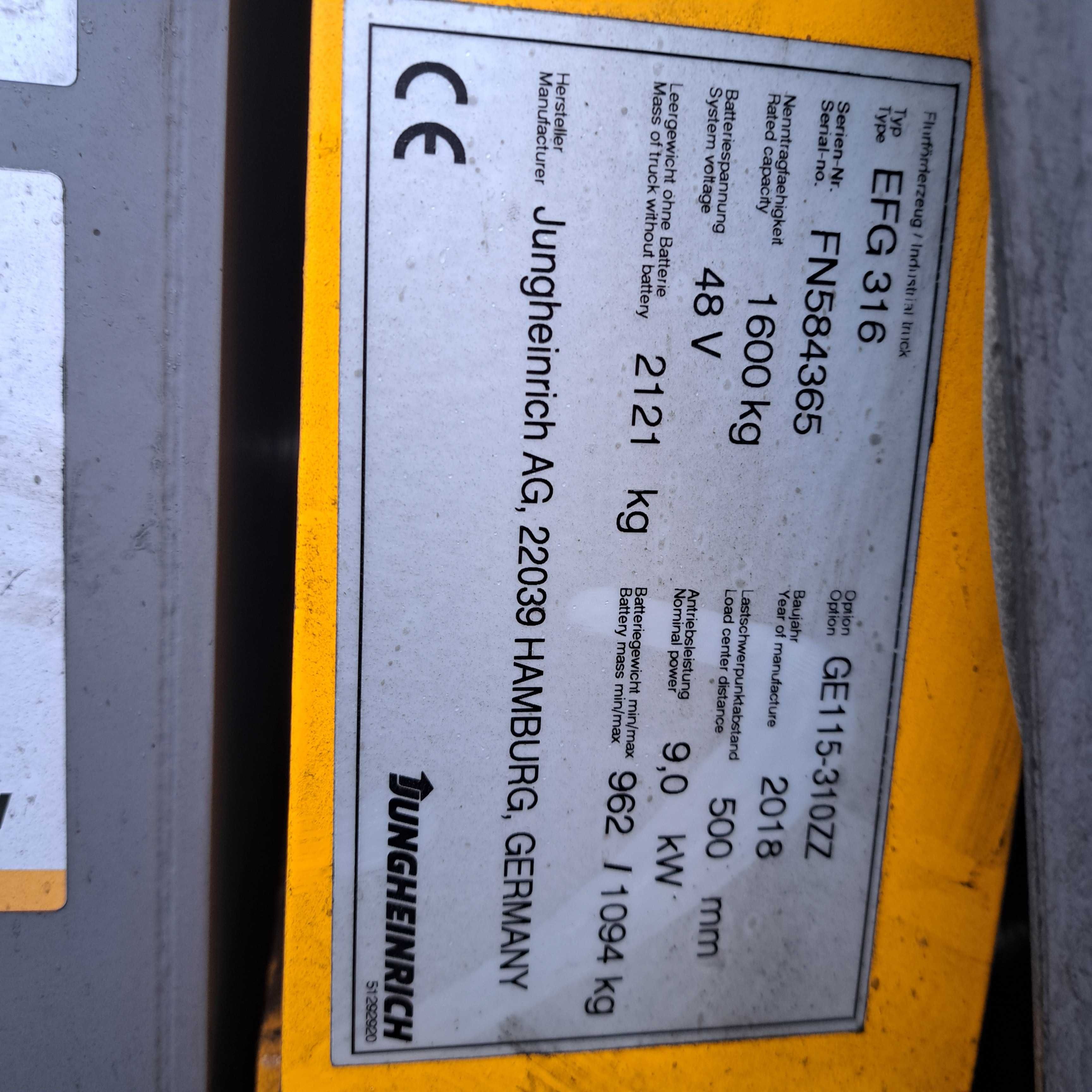 Wózek widłowy Jungheinrich EFG316  Bateria LI-ion.  8100mth.