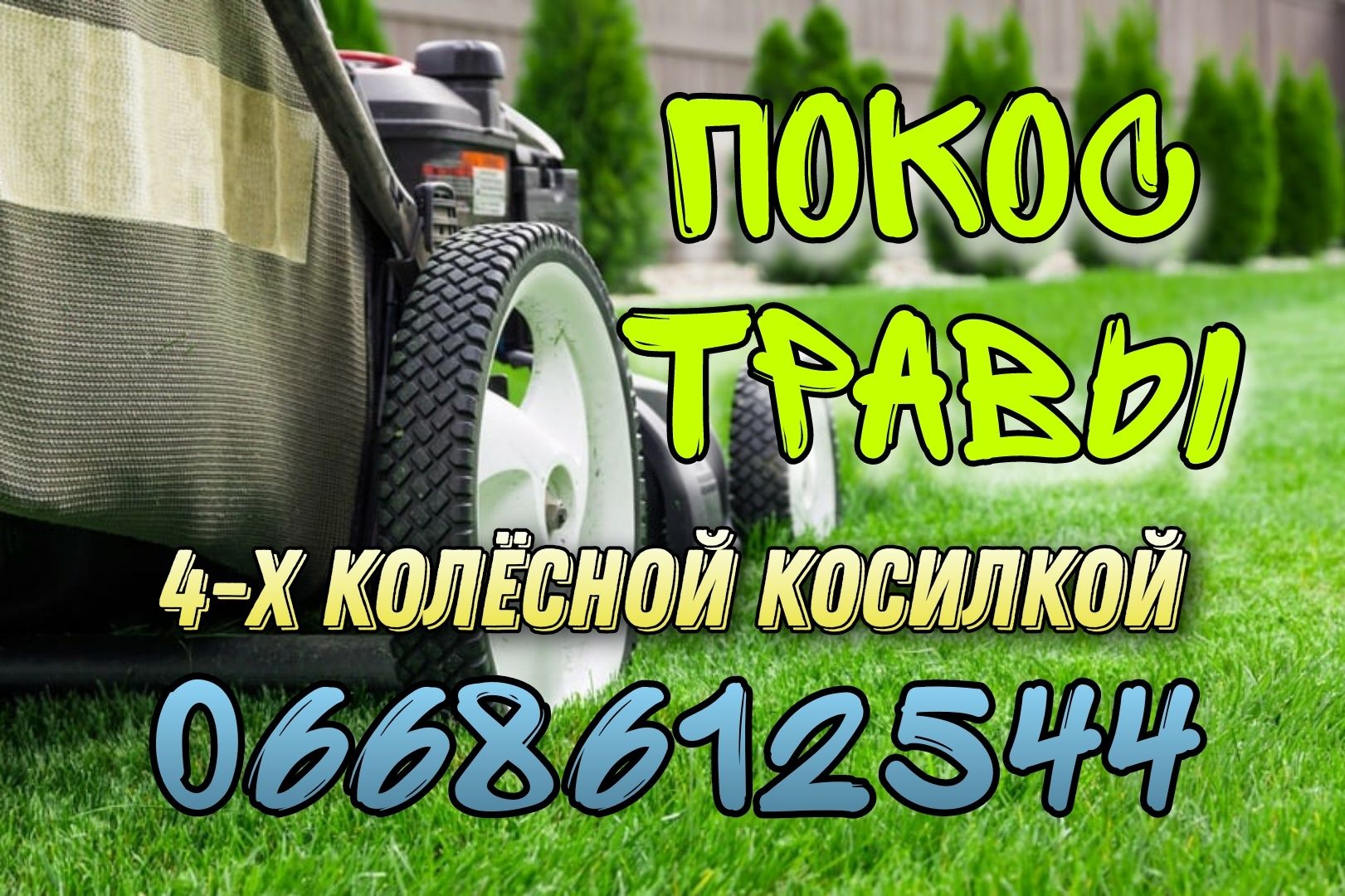 Покос травы, газона бензокосилокой колёсной