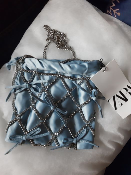 Torebka mini mała kokarda atłas zara łańcuszki worek limited boho tore