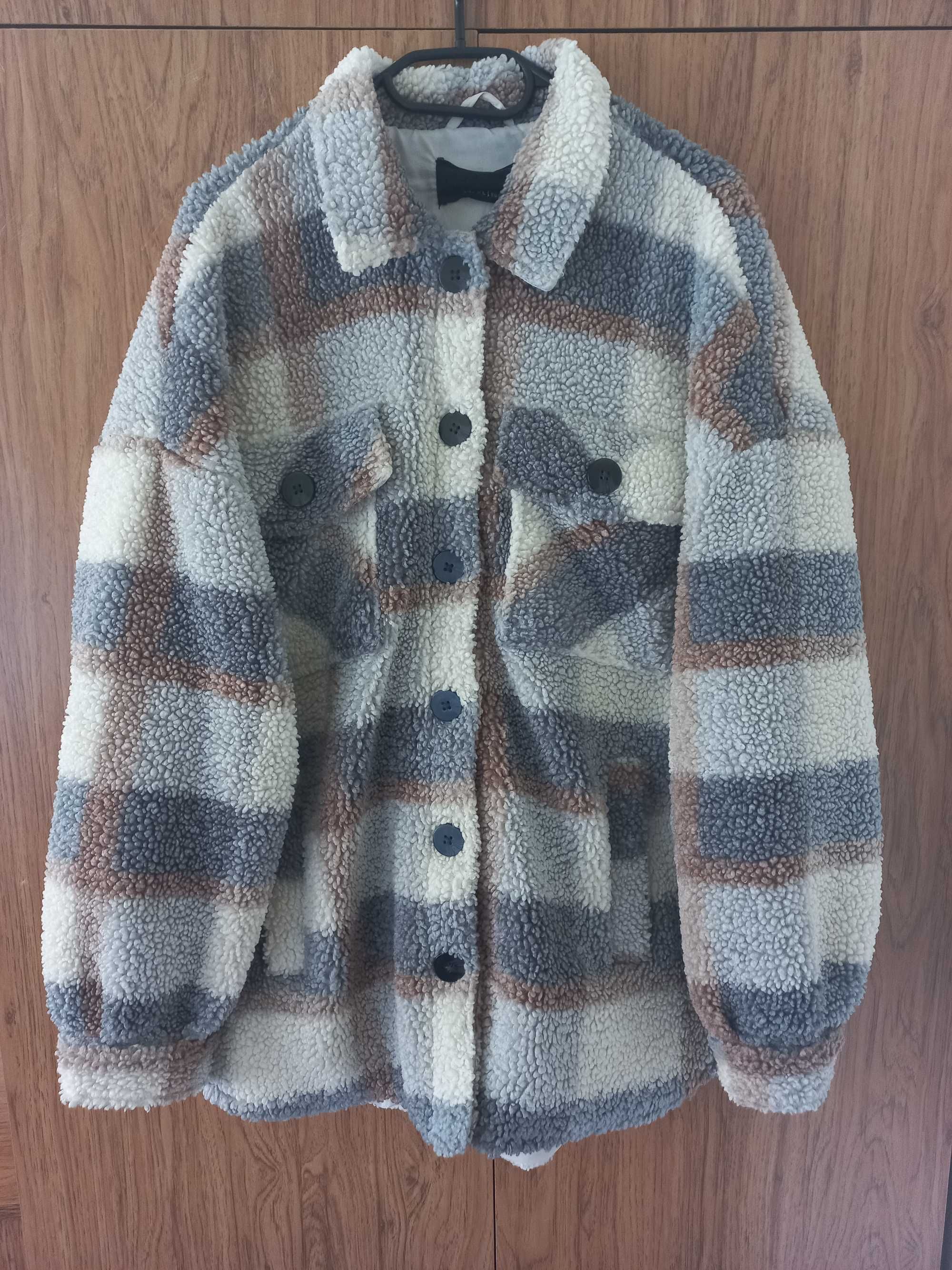 SINSAY shaket kurtka baranek miś szary beżowy kratka oversize 42 XL