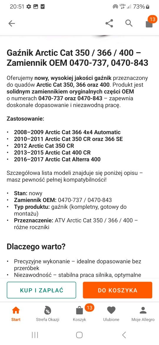 Gaźnik Arctic Cat 350 /400 Kymco MUX 400
