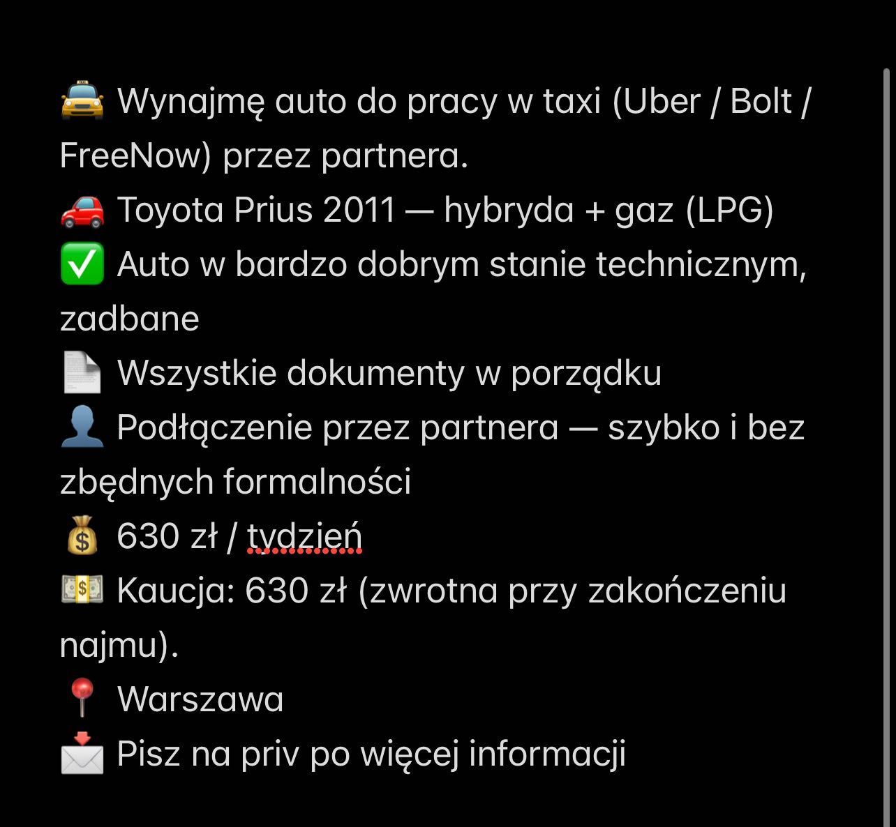 Wynajem auta TAXI z LPG Uber/Bolt/FreeNow Toyota Prius